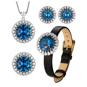 Vintage Eco-friendly Copper Gold Plated 16-10MM Blue Zircon Necklace <b>Earrings</b> Ring 4 Pieces Set Jewelry for Minimalist Style - Product Image 1