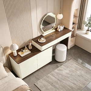 Coiffeuse moderne blanche avec miroir LED rond, meuble de rangement et tabouret pour chambre à coucher - Product Image 6