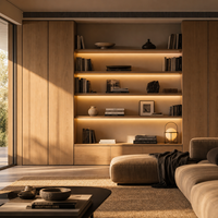 Système de bibliothèque murale sur mesure en bois fumé foncé avec éclairage LED pour bureau