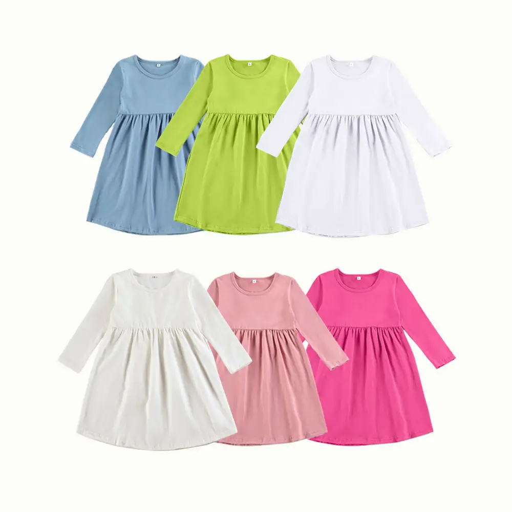 Vestido de algodón con cuello redondo para niñas, ropa de manga larga, color liso, informal, 2022
