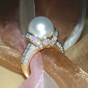 Anillo de Perlas de Oro Sólido de 18K para Mujer F668 con Diamante Natural de Corte Brillante Redondo, Joyería de Boda - Product Image 1