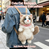 Sac à dos en flanelle ultra-réaliste en forme de chat de dessin animé, sac de rangement mignon pour l'école et les voyages, style Lolita