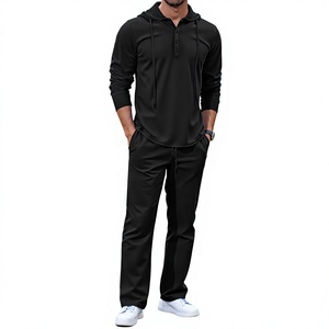Long Sleeved Men's <b>Set</b> New Casual <b>Knitted</b> Cotton Hooded T-Shirt Pants Solid Color Outdoor Anti-pilling 220g Plain Dyed Versatile - Product Image 1