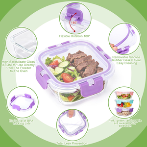 Square Snap-Lock Glass Food <b>Storage</b> Container School <b>Kitchen</b> Camping Picnic Glass Lunch <b>Box</b> - Product Image 4