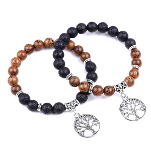 Bestone Gros Prix Le Arbre <span class=keywords><strong>De</strong></span> Vie Pendentif <span class=keywords><strong>Pierre</strong></span> <span class=keywords><strong>De</strong></span> <span class=keywords><strong>Lave</strong></span> 8mm En Bois Perle Bracelet Hommes - Product Image 1