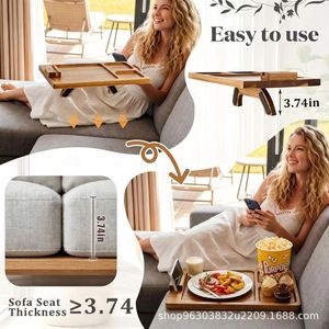 Wooden Sofa Tray Rectangular Snack Plate Solid Wood Living Room Couch Table For Home Use With Phone Stand And Cup Holders - Product Image 4