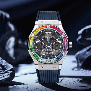 Montres PINDU, montre mécanique de luxe de haute qualité avec diamants colorés, pour hommes, résistante à l'eau 5BAR, bracelet en acier inoxydable et silicone - Product Image 1