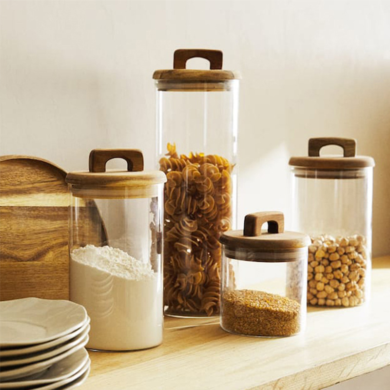 22~70oz high borosilicate glass food  jar with wood lid glasses jar