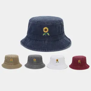 Oem kustom Logo topi matahari tahan UV perlindungan lebar penuh Distressed topi bucket camo