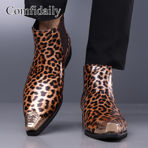 Bottines Chelsea pour homme Comfidaily à imprimé léopard, bout carré, en cuir véritable, à enfiler, tendance mode - Product Image 5