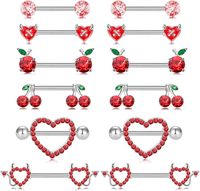 Mode rode CZ tepelpiercing sieradenset roestvrij staal kersen appel duivel hart tepelbarbell voor vrouwen body piercing