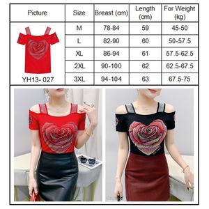 T-shirt Trendy <span class=keywords><strong>con</strong></span> <span class=keywords><strong>Cuore</strong></span> <span class=keywords><strong>Rosso</strong></span> in Strass, Maniche Corte, Lussuoso Fiore di Diamanti, Spalle Scoperte, Traspirante in Rete - Product Image 5