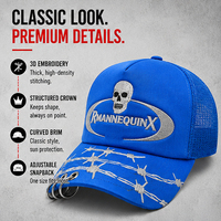 Casquette Trucker de Luxe Légère en Maille Haute Qualité, 5 Panneaux, avec Détail Anneau Métallique, Broderie Logo Personnalisé Crâne Fil Barbelé