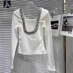 AELESEEN 2025 primavera nueva <span class=keywords><strong>camiseta</strong></span> de <span class=keywords><strong>manga</strong></span> <span class=keywords><strong>larga</strong></span> con lentejuelas plateadas para mujer lado sin espalda diseño hombrera Base <span class=keywords><strong>camiseta</strong></span> - Product Image 1