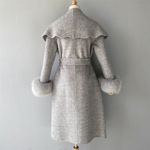 Abrigo Largo de Cachemira Suave Personalizado de Doble Cara con Botones y Puños de Piel Auténtica para Mujer, Transpirable, Informal, para Otoño e Invierno, Color Gris - Product Image 6