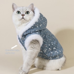 Cross-border heavy-duty double-layer denim <b>sequined</b> fleece open-chest hooded <b>jacket</b>, warm pet clothing source factory - Product Image 2