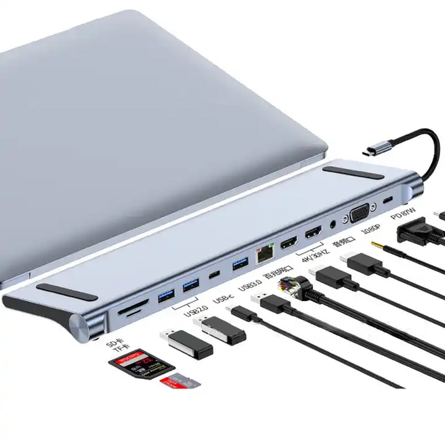 12-in-1 USB-C Hub Adapter Multi-Functional Triple Monitor Support Dual USB C Ports Aluminum Alloy Docking Station for Mac Stock