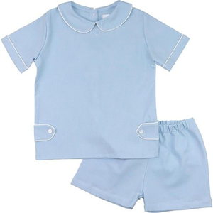Piccolo ragazzo blu colletto bambola carino <span class=keywords><strong>per</strong></span> bambini ragazzi Set corto all'ingrosso Boutique cotone personalizzato vestito bambino - Product Image 2
