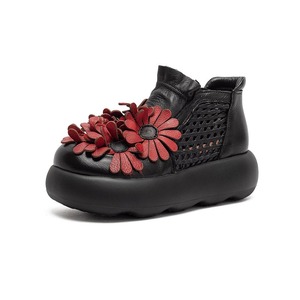 Sandales décontractées à bout ouvert, à motifs floraux d'inspiration artistique, en cuir véritable, avec un design léger, adaptées aux femmes - Product Image 1