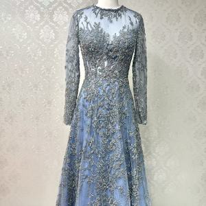 Midnight Bloom: <span class=keywords><strong>el</strong></span> Jardín Celestial, un Vestido Azul Marino de Cuello Alto con Corpiño Transparente - Product Image 1