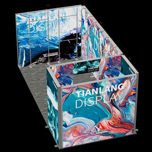 Stand de Exhibición Mega Corner Personalizado con Caja de Luz SEG, Panel Trasero Multipanel con Diseño de Olas Oceánicas y Textura de Mármol - Product Image 1