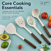 YMS Ensemble de 28 ustensiles de cuisine en silicone avec manche en bois : spatule, pelle à frire, louche à soupe, fouet à œufs, pince