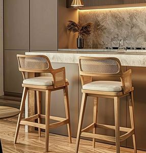 Tabourets de bar modernes de luxe en bois de frêne de style nordique, tissage en rotin, cuir synthétique, pour cuisine, salon, chambre à coucher, école - Product Image 2