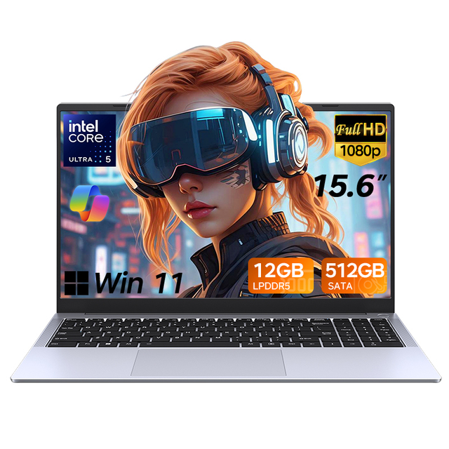 Optimal 15.6 Inch Laptop Intel Core Ultra 5 115U High Performance AI Office Notebook Metal Design Win 11 Pro Bulk