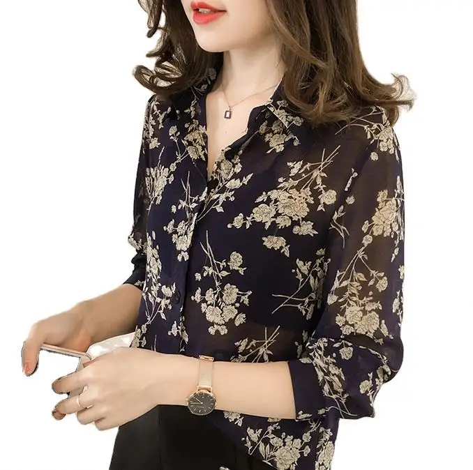 2022 yeni moda kadın çiçek baskılı uzun kollu yaka düğme gömlek kadın kızlar bluz gömlek Tops