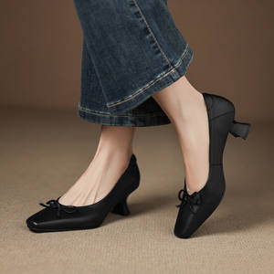 Cialisa personnalisé en cuir véritable de haute qualité femmes pompes 2025 automne mode papillon-<span class=keywords><strong>noeud</strong></span> bout carré robe chaussures à talons hauts nouveau - Product Image 2