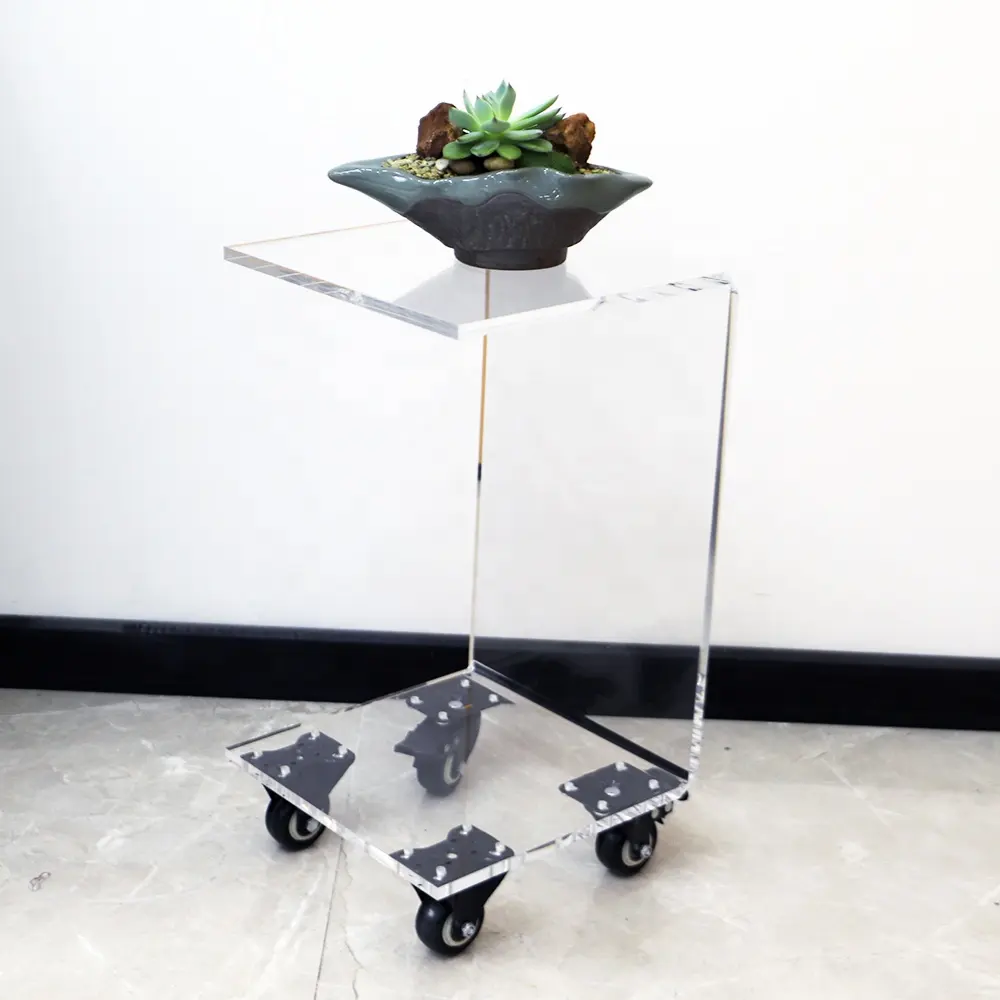 Factory clear acrylic furniture acrylic coffee side table with wheel in display racks