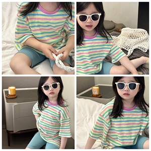 Conjunto de moda para <span class=keywords><strong>niñas</strong></span>, nuevos diseños coreanos para niños, Top de manga corta a rayas, pantalones cortos, <span class=keywords><strong>ropa</strong></span> de verano, 2023 - Product Image 2