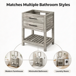 Meuble de salle de bain autoportant en bois massif rustique et vieilli avec double vasque et étagère inférieure à lattes - Product Image 1
