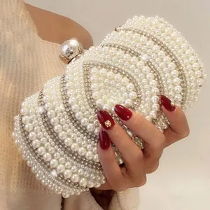 Fashion Womens rhinestone hand bags clutch bridal purse with pearls beads pearl evening party bag