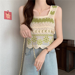 <span class=keywords><strong>Gilet</strong></span> en tricot vintage à broderies au <span class=keywords><strong>crochet</strong></span> pour femmes, style bohème ethnique d'été, haut sans manches court - Product Image 4