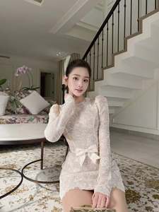 Vestido Mini Elegante de Encaje para Mujer, Manga Larga Abullonada, Lazo Vintage, Vestido de Fiesta y Cóctel, Personalizado 2026, Venta al Por Mayor - Product Image 3