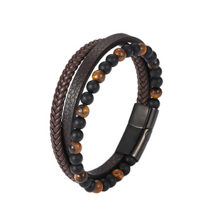 Handmade Woven <b>Leather</b> <b>Bracelet</b> For Men Tiger's Eye Magnetic Closure 7.5in 8.5in 9in Gift Jewelry - Product Image 3