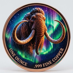 Moneta in Rame Colossale con Mammut Laminare dell'Era Glaciale Estinta, Aurora Cosmica e Creatura Vibrante, Classificata tra le Migliori, per Museo di Storia Naturale - Product Image 2