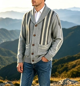 Cárdigan de punto grueso para hombre, estilo suroeste, con cuello chal, paneles a rayas, motivo de águila y punto de semilla, para otoño e invierno - Product Image 5
