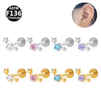 Getta F136 Titanium Five-pointed Stars Connected Flower 0.5Tooth Zircon Lip Stud Earrings Unisex Wedding Body Piercing Jewelry