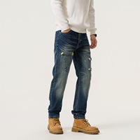 Jeans Homme Tendance Déchirés avec Coussinets, Style Vintage High Street, Luxe Léger, Coupe Droite, Vente en Gros OEM ODM