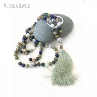 MN37203 Mala Japamala 108 perles nouées à la main en Jaspe Serpent et Lazuli, avec pompon en sauge, bijou de méditation, cadeau religieux bénit