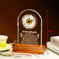 Horloge en cristal transparent personnalisée avec base lumineuse LED en bois pour les souvenirs de mariage, d'anniversaire d'entreprise, de célébration