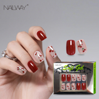 Naiwlay 30 pièces 15 tailles Faux ongles courts carrés de couleur rouge brillant à motif cerise, faux ongles en gel, ongles artificiels