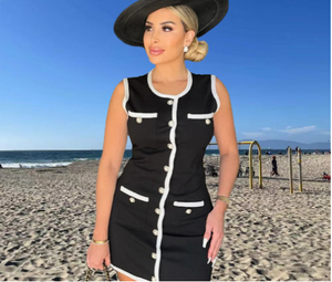 Vestido de punto informal elegante y sexy con botón de perla Chaleco sin mangas Falda corta Pequeño estilo fragante Skinny Fit - Product Image 1