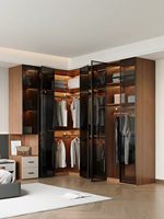 Dressing en L sur mesure moderne et minimaliste avec portes vitrées et éclairage LED, Armoire de chambre personnalisée pour toute la maison