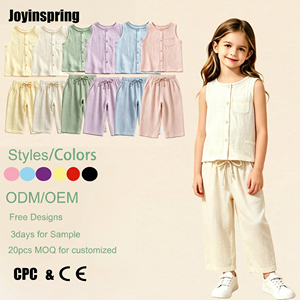 Completo Estivo in Cotone per Ragazze, 2 Pezzi: Top Senza Maniche con Bottoni e Tasche, Pantaloni a Gamba Larga con Coulisse, Outfit Traspirante OEM ODM - Product Image 1