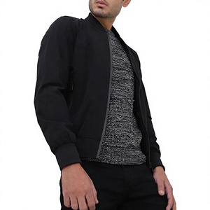 Blouson Bomber Noir Homme Couleur Unie Fermeture Éclair Col Montant Respirant Hiver Coupe-Vent Décontracté Polyester - Product Image 2