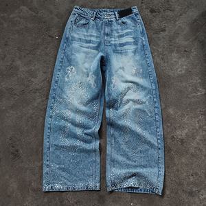 Pantalones Vaqueros Anchos de Mezclilla con Pedrería, Estilo Baggy, Lavado Vintage, Personalizados para Hombre - Product Image 4
