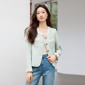 Chic Short Blazer With Lace Trim Light Green Solid Color Woven Polyester Women's Jacket Autumn 2025 French Style Top - Product Image 1
